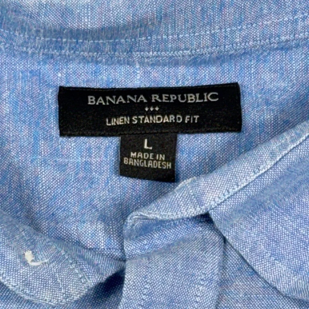 Banana Republic Mens Linen Cotton Shirt L Cascade Blue Chambray Roll Up Sleeve